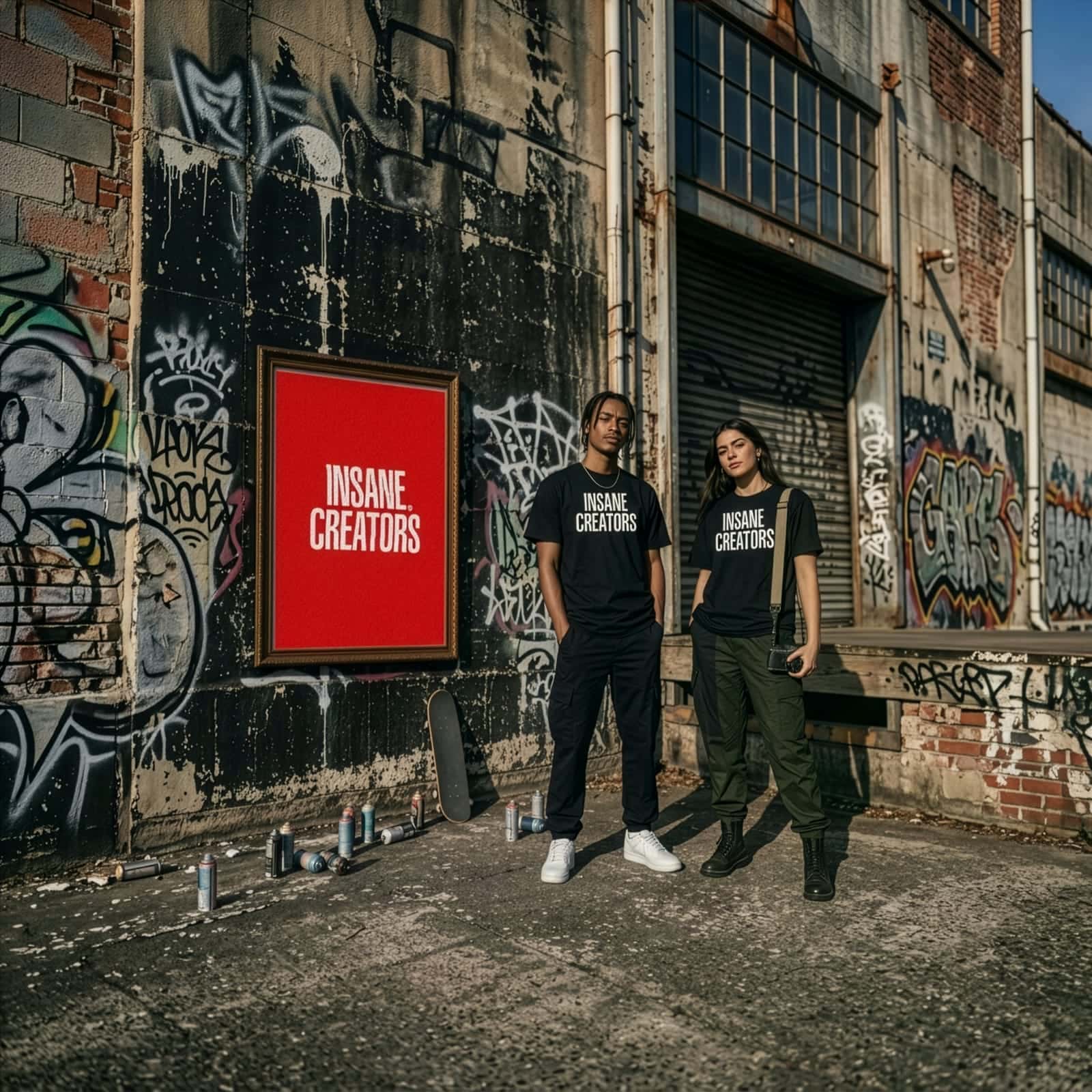 Zwei Models in schwarzen Insane Creators Shirts neben einem gerahmten roten Logo an einer Graffitiwand