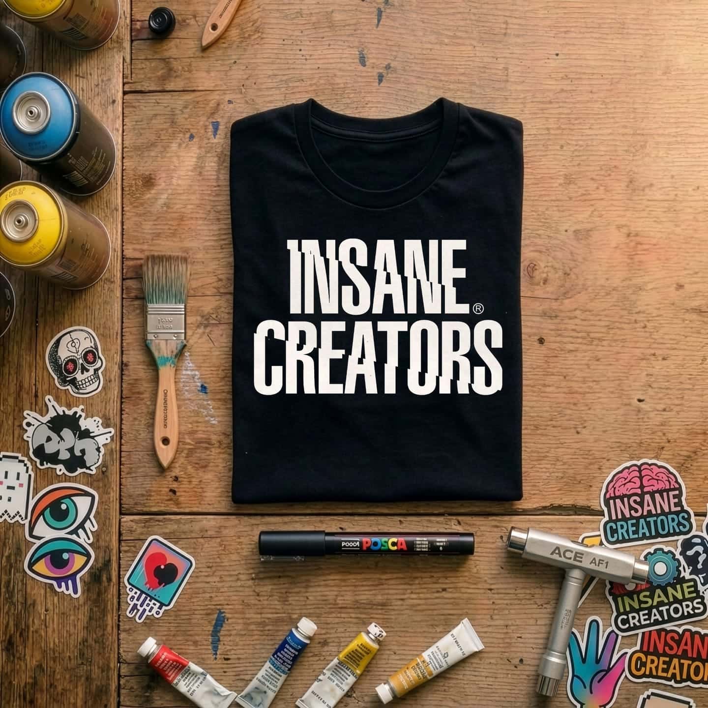 Gefaltetes schwarzes Shirt auf einem Kreativ-Schreibtisch mit Spraydosen, Kamera und Skizzenbuch