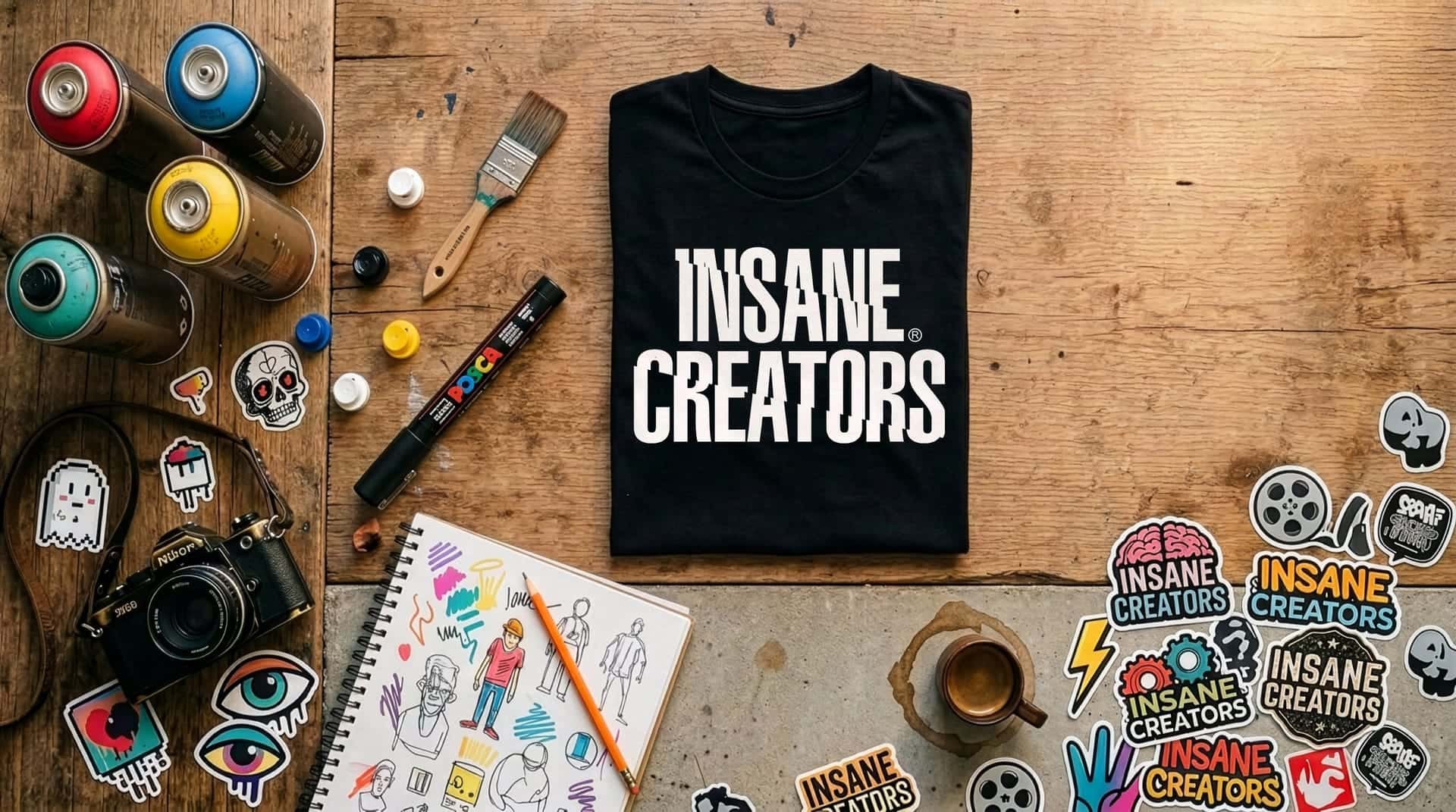 Opgevouwen zwart shirt op een makersbureau met spuitbussen, camera en schetsboek