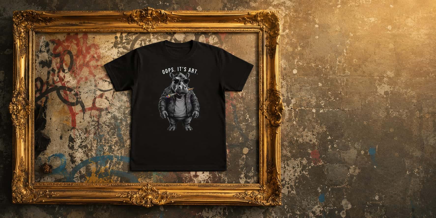 Schwarzes Insane Creators Shirt in goldenem Rahmen an einer Graffitiwand